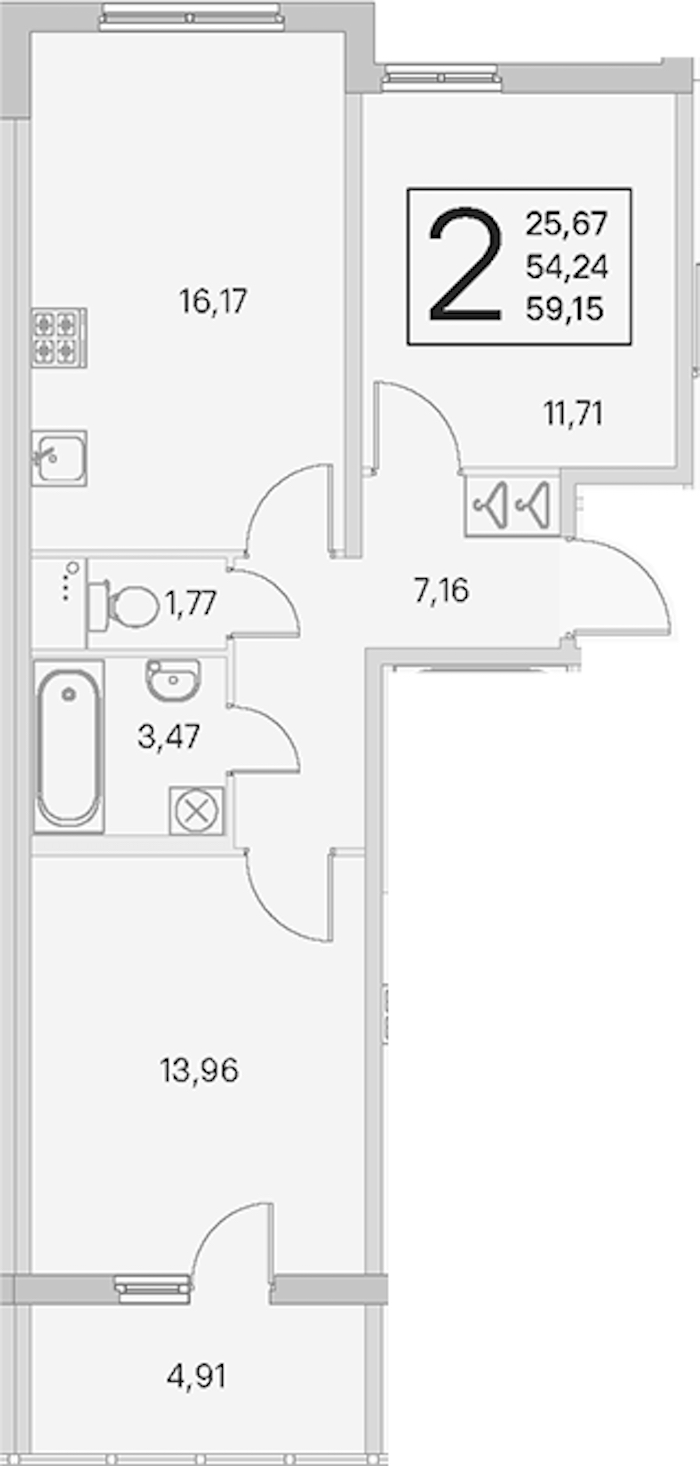 2-комнатная квартира 54.24 м², 1/4 эт., ЖК «Любоград в Стрельне»